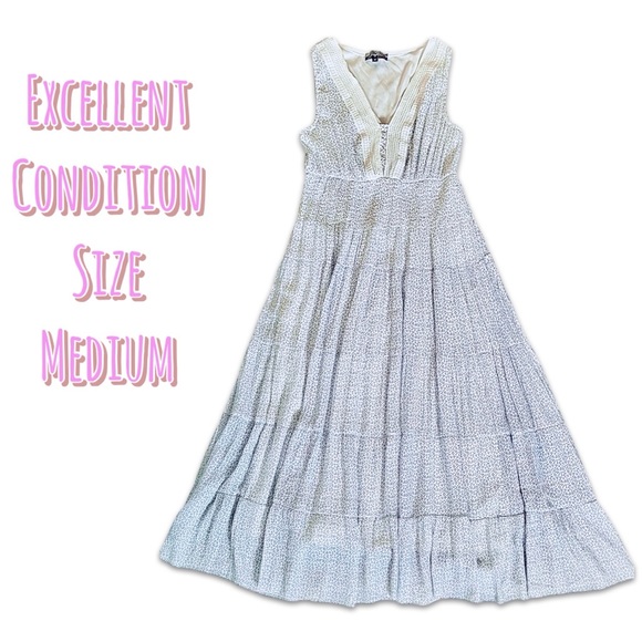 Vintage Dresses & Skirts - Vintage White Blue Sleeveless Maxi Dress smoked tired v-neck size medium